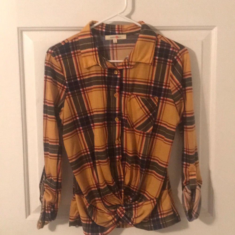Wishful Park Twist Front Plaid Button Down Top